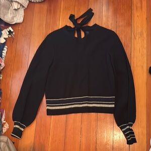 RACHEL Rachel Roy Black Sweater with Bow and Striped Cuffs
